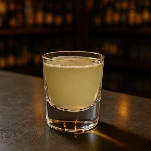 Green Tea Shot cocktail in a shot glass.